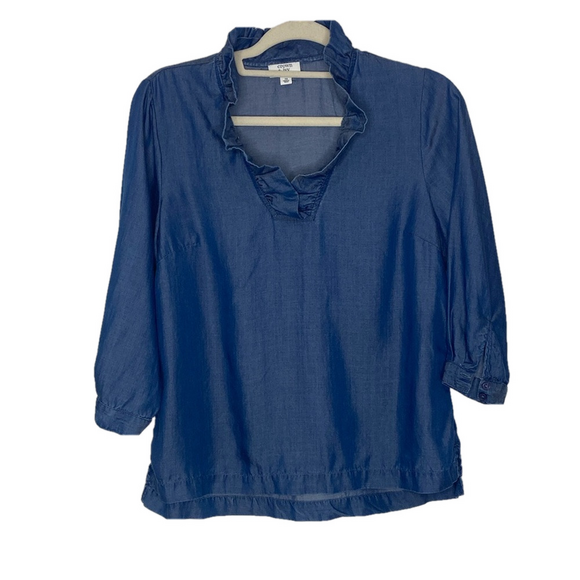 Crown & Ivy Blue Tencel Chambray Ruffle Neck Blouse Preppy Petite S - Picture 4 of 10